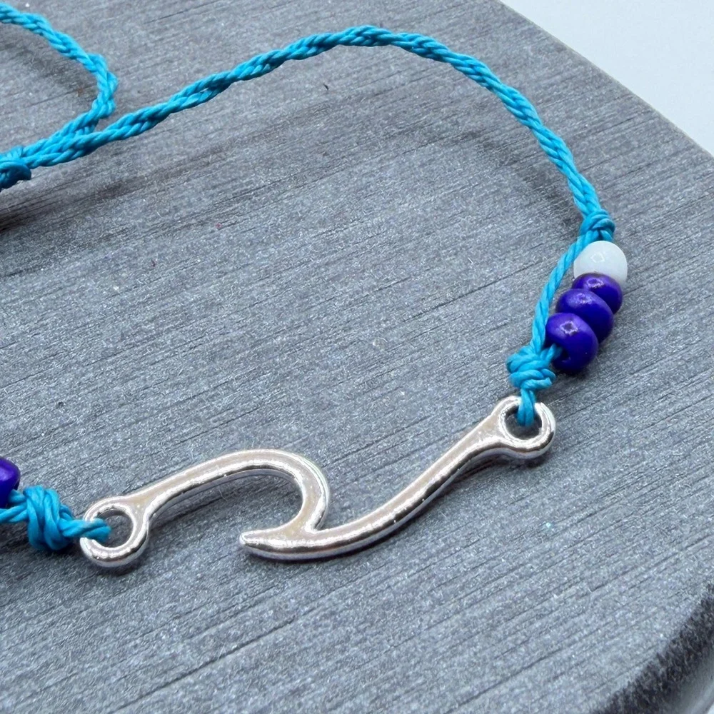 Silver Tone Ocean Wave Charm Blue Cord Purple Bead Adjustable Surfer Bracelet